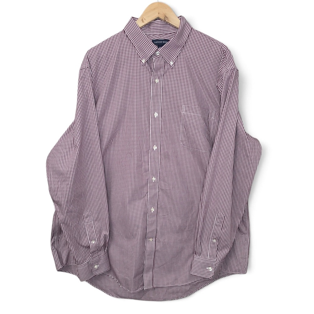 Lands End Mens XXL 18 18.5 Burgundy Gingham Check Button Down Shirt Long Sleeve
